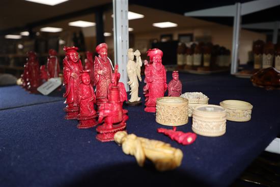 A group of Chinese ivory chess pieces and Canton ivory containers, 19th century